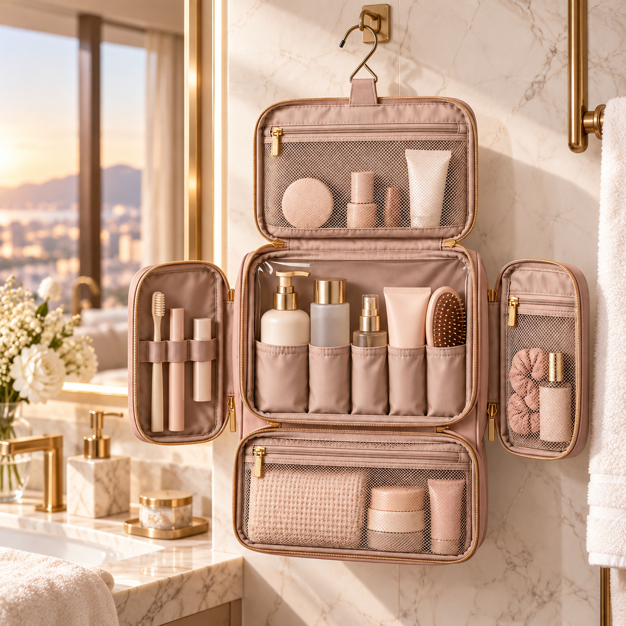Qavrenio Hanging Toiletry Organizer in use