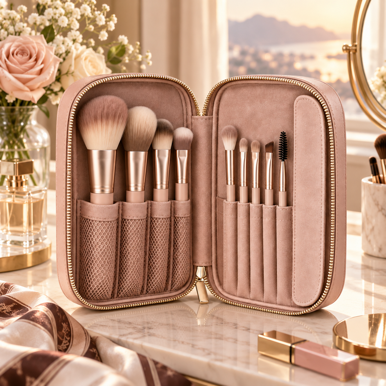 Qavrenio Makeup Brush Travel Case in use